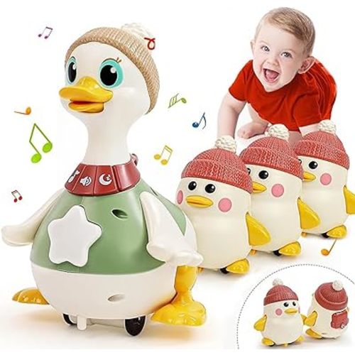 Tummy Time Duck Family, 3 Pack Swinging Ducks Tummy Time Duck Toys, Duck Family Toy, Walking Duck with Baby Ducks, Light Up Crawling Toys, Duck Family Baby Duck Toy for Toddlers 1-3 (Mom with 3 Baby)