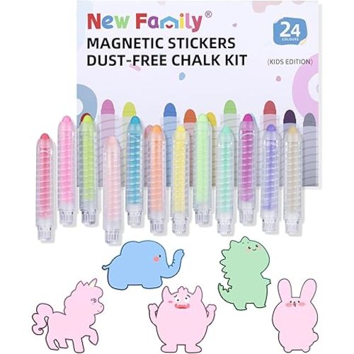 NewFamily Kids Art Chalk Set - 24 Color Dustless Chalk with Cute Magnetic Drawing Board, Creative Gift for Boys and Girls