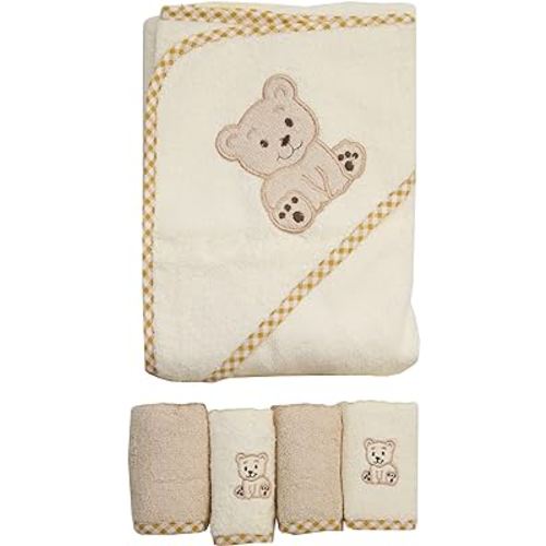 Spasilk Bath Hooded Towels & Washcloths Set for Babies, Hooded Terry Bath Towel & 4 Washcloths, Beige