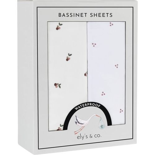 Ely's & Co. Patent Pending Waterproof Bassinet Sheets, 100% Cotton with Waterproof Lining, Built in Bassinet Mattress Protector – 2 Pack Fitted Sheet Set, Berry and Cluster Dot (Lavender) 32” x 16”