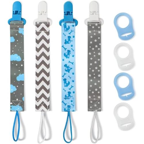 4 Pack Pacifier Clips for Boys Girls, Dummy Clips Baby with Adapters, Silicone Binky Clips for Baby Teething Toys Baby Shower (Blue)