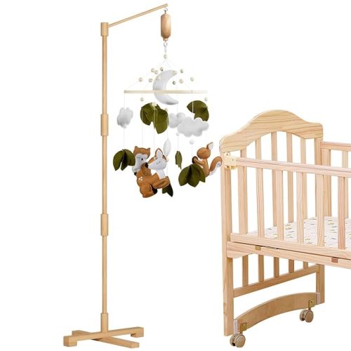 FEISIKE Woodland Animals Theme Bassinet Baby Nursery Mobiles with Modes Digital Music Box 3In1 Set-34 Inch Wooden Mobile Arm for Crib Mobile Hanger for Crib Baby Nursery Decor