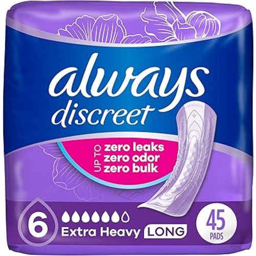 Always Discreet Adult Incontinence Pads for Women, Extra Heavy Absorbency, Long Length, Postpartum Pads, 45 Count (Packaging May Vary)