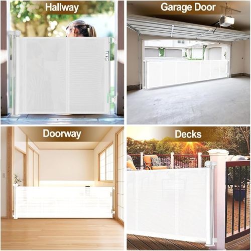 Upgrade 150 inch Retractable Baby Gates Extra Wide with Reinforced Strip Design to Prevent Crawling Through, 150" Retractable Dog Gate, 34" Tall, Retractable Gate for Indoor/Outdoor(White) - 34" Tall x 150" Wide