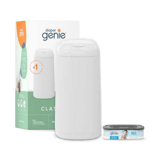 Diaper Genie Classic Pail Includes 1 Starter Square Refill That can Hold up to 165 Newborn-Sized Diapers.
