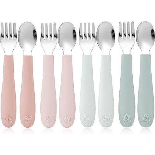 CoixFoam 8 Pieces Toddler Utensils, Toddler Safe Silverware Set With Food Grade Silicone Hanlde, 18/8 Stainless Steel, Perfect Length For New Self Feeders, Dishwasher Safe