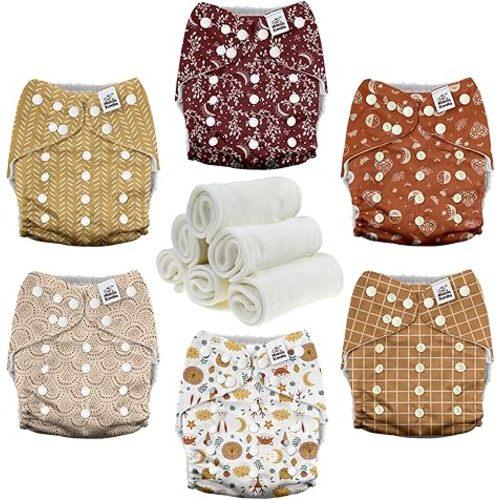 Mama Koala 3.0 Pocket Cloth Diapers for Babies with AWJ Lining, 6 Pack with 6 4-Layer Natural Cloth Diaper Inserts - Reusable and Washable Pocket Diapers(Lucky Colors)
