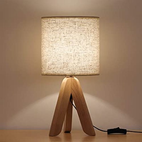 HAITRAL Small Bedside Table Lamp - Wooden Tripod Nightstand Lamp for Bedroom, Living Room, Office, Home with Fabric Linen Shade - 13.4 Inches (Without Bulb)