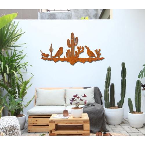 Iron Quail Family In Desert Flat, Rusty Cactus Outdoor Wall Decor, Rusted Southwest Sonoran Desert Metal Wall Art, Unique Garden Gift