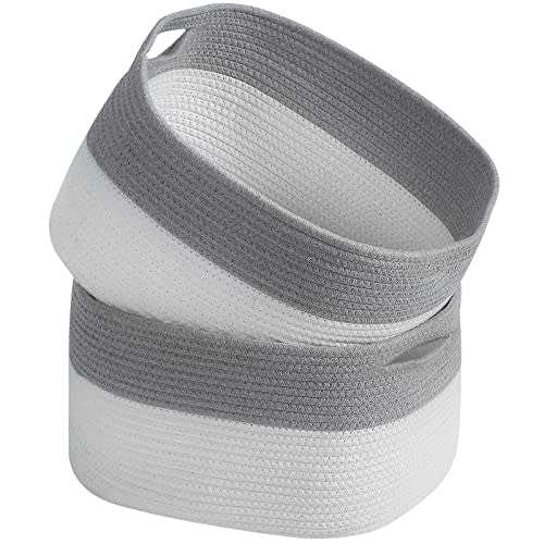 ECDYQXVU Cotton Rope Storage Baskets 15x10x9 in, Decorative Woven Baskets for Storage, Collapsible Storage Bins Organizer for Nursery, Laundry, Towel, Clothes, Books (2 Pack, Grey/ White)