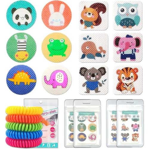 Mosquito Repellent Stickers 240 Pcs Natural Mosquito Patches for Kids and Adults with 5 Pack Individually Wrapped Mosquito Repellent Bracelets for Outdoor Camping Traveling Fishing