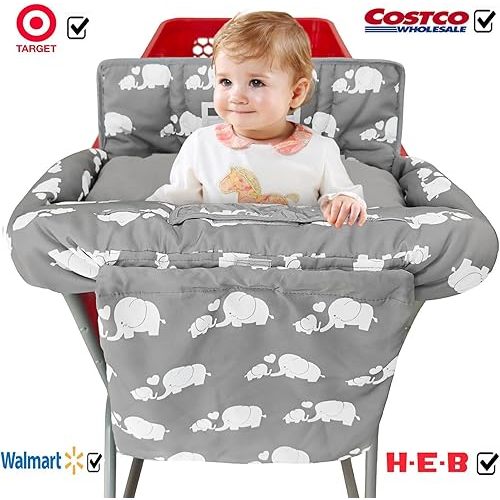 Soft Pillow Attached 2-in-1 Shopping Cart and High Chair Cover for Baby, Cotton Padded Cart Cover, Fold'n Roll Style, Portable with Carry Bag (Gray Elephant)