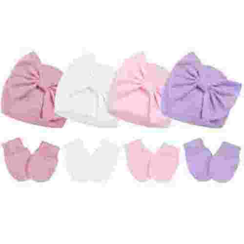 American Trends Infant Beanie Bow Hat with Mittens Set, Pink White Light Pink Purple, 4-Piece