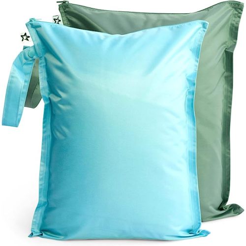 Tiny Twinkle Mess-proof Wet Bags 2 Pack Waterproof and Washable Bag for Travel storage, Stroller, Daycare, Baby Diapers, Yoga, Beach, Pool, Wet Toddler Swimsuits - Slate, Olive