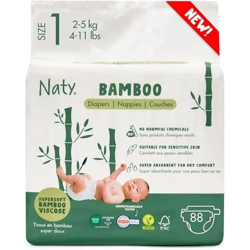 Naty Bamboo Viscose Baby Diapers – Silky Soft, Plant Based, Dermatologically Tested for Sensitive Skin & Super Absorbent (Size 2, 88 Count)