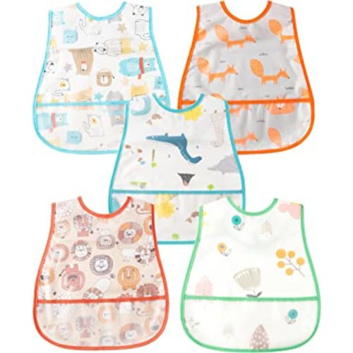 R HORSE 5Pcs Baby Bibs Set Toddler Bibs with Crumb Catcher Pocket & Snap Button Waterproof Baby Feeding Bibs for 6-24 Months