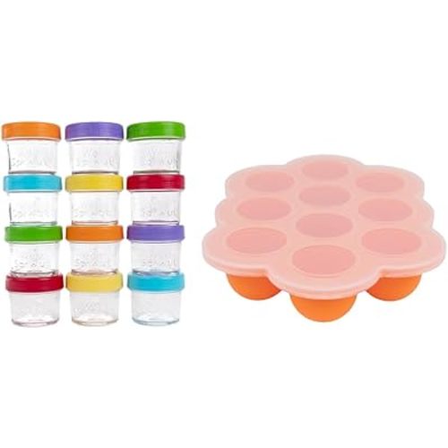 WeeSprout Baby Meal Prep Bundle - Glass Baby Food Storage Jars Containers with Plastic Lids & Silicone Freezer Tray - Microwave, Freezer & Dishwasher Safe - for Baby Food & Breast Milk