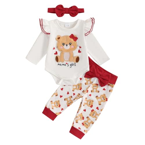 Newborn Infant Baby Girl Outfits Ruffle Bear Long Sleeve Romper Bodysuit Tops Pants Set Cute Fall Winter Clothes