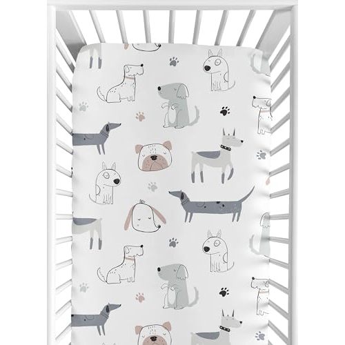 Sweet Jojo Designs Dog Boy Baby Fitted Crib Sheet Infant Newborn Nursery Toddler Bed Room Standard Mattress Neutral Grey Taupe Blue Modern Puppy Pet Watercolor Puppies Bulldog Wiener Doggy Paw Print