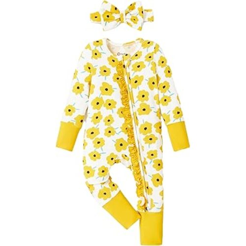 PATPAT Baby Girl Boy Footie Clothes, Bamboo Viscose, 2-Way Ruffled Zipper, Fold-Over Mittens & Cuffs with Headband