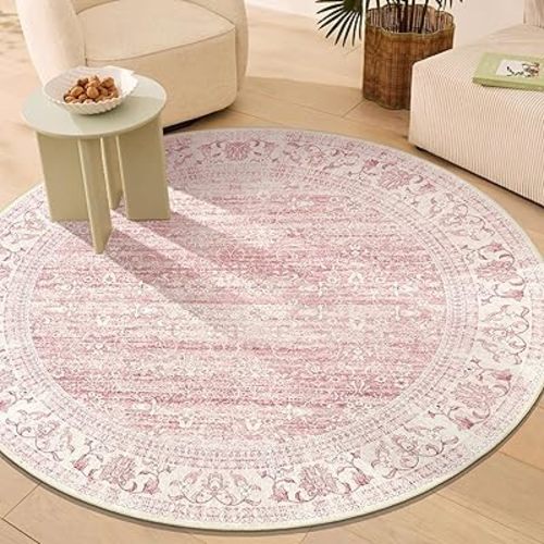 Pink Round Rug 5ft, Washable Boho Area Rug for Bedroom Living Room Dining Room Bedroom Kitchen, Ultra Soft Floral Vintage Distressed Carpet Non Slip, Boho Circle Rug for Home