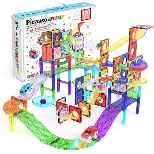 PicassoTiles 108pc Magnetic Marble Run Set with Building Tiles Race Track Car Slides Set STEM Learning Toy 3-in-1 Preschool Construction Kit for Indoor Activity and Development for Kids age 3+ PTG108
