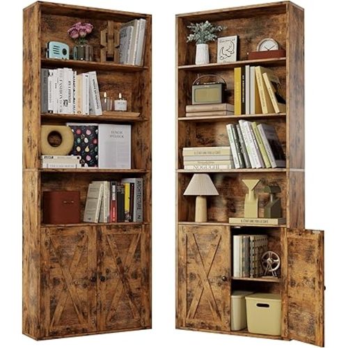 IRONCK Industrial Bookshelves and Bookcases with Doors Set of Two Floor Standing 6 Shelf Display Storage Shelves 70 in Tall Bookcase for Home Office, Living Room