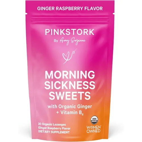 Pink Stork Morning Sickness Sweets, Organic Raspberry Ginger Candy with Vitamin B6, Support for Motion Sickness, Prenatal Heartburn - Pregnancy Must Haves - 30 Wrapped Drops