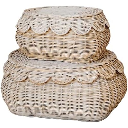 CAALMA Scalloped Basket - Set of 2 Rattan Basket - Wicker Storage Basket with Lid - Decorative Small scalloped baskets - Woven Baskets with Lids - Round Wicker Baskets for Nursery - Scallop Basket