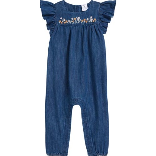 Embroidered Flutter Sleeve Denim Romper, 9M
