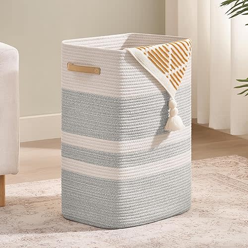 Laundry Hamper,Laundry Basket with Leather Handles,Woven Storage Basket for Toys,Pillows,Blankets,Clothes,Grey&White