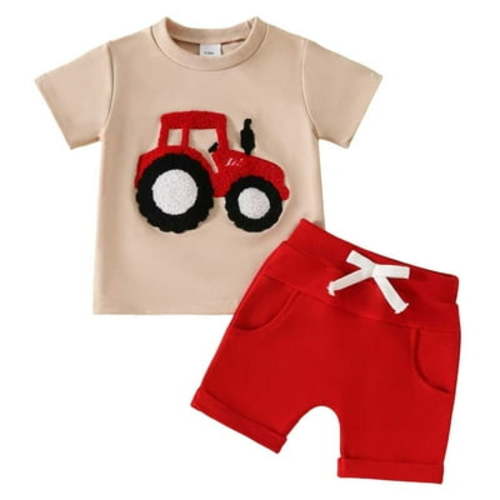 UAYOTSE Boy's 2 Piece Set Summer Beach Set Short Sleeve Tee Top with Elastic Waist Short Sets,3-6 Months Red