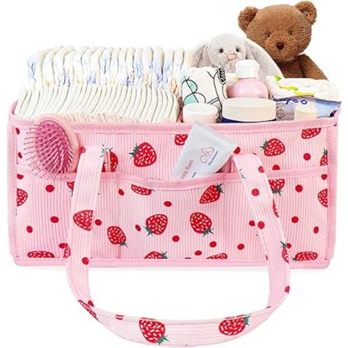 Baby Diaper Caddy Organizer, Pink Corduroy Diaper Organizer for Changing Table, Strawberry Baby Shower Basket for Wipes and Diapers, Portable Nursery Car Diaper Storage, Gift for New Mom