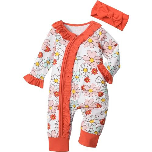 Infant Newborn Baby Girl Clothes Onesies for Baby Girl Long Sleeve Ruffle Baby Clothes with Headband Baby Clothes for Girls - Orange Flower - 0-3 Months
