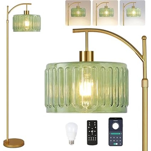 Glass Floor Lamp for Living Room,Bedroom,Gold Dimmable Standing Lamp with Remote,Mid Century Modern Brass Tall Lamp Boho Vintage Retro Floor Lamps Arc Green Flower Floor Light Lamp Bohemian