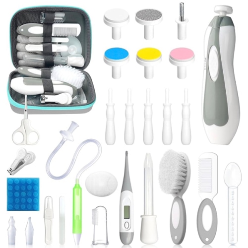 Baby Healthcare and Grooming Kit, 28 in 1 Portable Baby Essentials Kit Electric Nail Trimmer Set with Gas Relief Hair Brush Comb Nasal Aspirator for Newborn Boys Girls (Grey White)