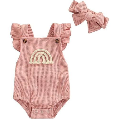 Engofs Boho Rainbow Baby Girl Clothes Newborn Infant Ruffled Sleeveless Romper with Headband Outfit
