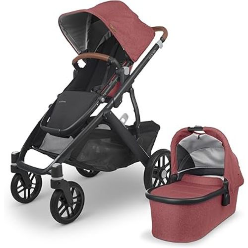 UPPAbaby Vista V2 Stroller/Convertible Single-to-Double System/Bassinet, Toddler Seat, Bug Shield, Rain Shield, and Storage Bag Included/Lucy (Rosewood Mélange/Carbon Frame/Saddle Leather)