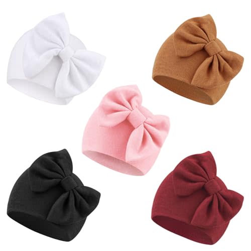 AQOKKA 5 PCS Newborn Baby Hats Cotton Baby Beanie Caps with Bow Infant Hospital Hats Newborn Hats for Baby Girls 0-6 Months