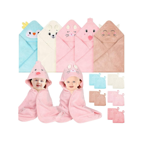 15 PCS Hooded Baby Towels, Soft Baby Towel, Absorbent Baby Bath Towel, 5 Styles Baby Towels and 10 PCS Baby Washcloths for Newborns, Toddlers, and Kids, 32x32 in Baby Towel with Hood for Boy and Girl