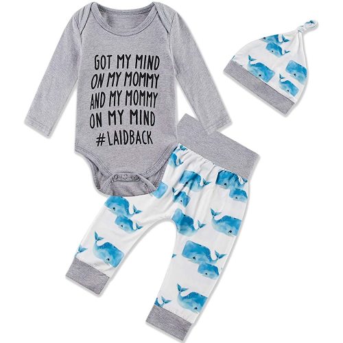 Newborn Baby Boy 3PCS Outfit Set Letter Printed Long Sleeve Bodysuit Clothes+Long Pants+Hat 0-12M