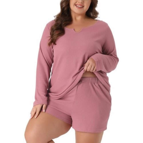 Agnes Orinda Women's Plus Size Waffle Color Long Sleeve Comfortable 2 Pieces Pajama Sets Dark Pink 3X