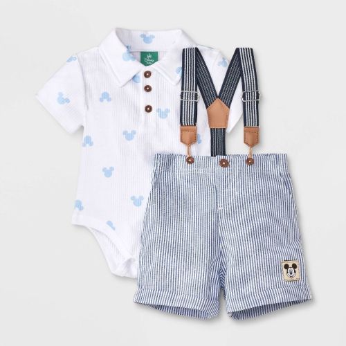 Baby Boys' 2pc Disney Mickey Mouse Bodysuit & Shorts Suspender Set - Blue Newborn