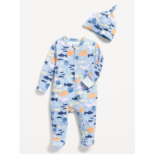 Unisex Printed Sleep & Play 2-Way-Zip Footed One-Piece and Beanie Set for Baby