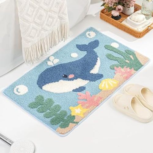 Beach Bathroom Rug Cute Absorbent Non Slip Bath Mat Machine Washable Shaggy Bathroom Mat for Dining Room, Bedroom and Kitchen (Whale, 31"x20")