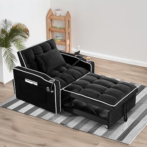 3 in 1 Convertible Sleeper Chair Bed with USB Ports, Cup Holder and Phone Stand, Velvet Pull Out Futon Sofa Beds, Adjustable Backrest Single Sofa Chair for Small Spaces, Living Room, Office (Black)