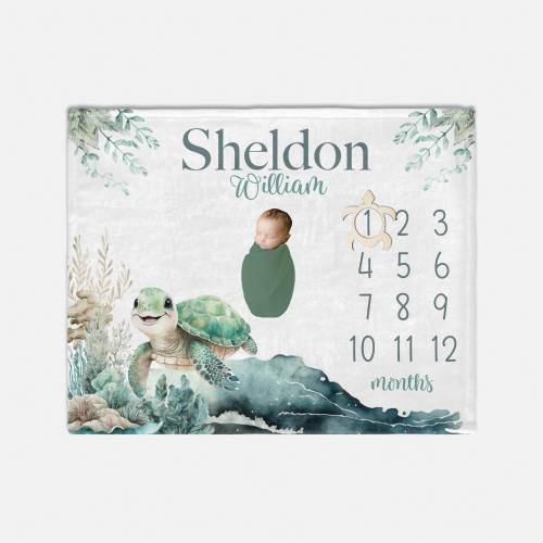 Turtle Milestone Blanket, Turtle Baby Blanket, Baby Boy Nautical, Personalized Baby Blanket, Ocean Life Nursery, Marine Life Nursery O45