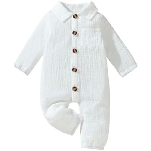 VISGOGO Baby Boy Polo Romper Long Sleeve Solid Bodysuit Cotton Linen Jumpsuit Collared Onesie Infant One-Piece Outfit