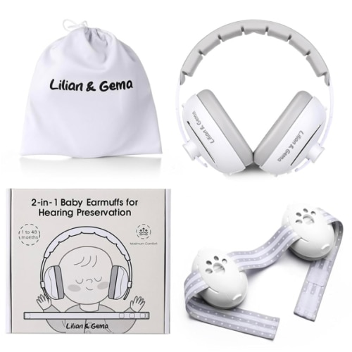 Lilian&Gema 2-in-1 Baby Ear Muffs Noise Protection, Adjustable Headphones with Stretchy Band, Noise Cancelling for Toddler up to 4 Years, Airplane Essentials/Outdoor, White