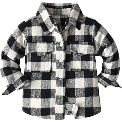 HIUARA Kids Toddler Flannel Shirt Jacket Plaid Long Sleeve Lapel Button Down Shacket Baby Boys Girls Fall Shirt Coat Outwear